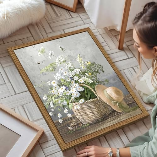 YSGGTR Framed Rustic Daisy Canvas Wall Art Vintage Farmhouse Floral Pictures Wall Decor Country Flower Botanical Paintings Prints Aesthetic Home Decor for Living Room Bathroom Bedroom 12X16 inch - Image 3