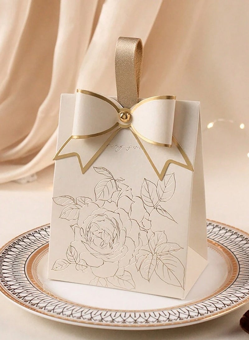 Elegant Ivory & Gold Gift Box With Bow – Pack of 10 – Perfect For Weddings, Anniversaries, And Special Occasions - Image 1