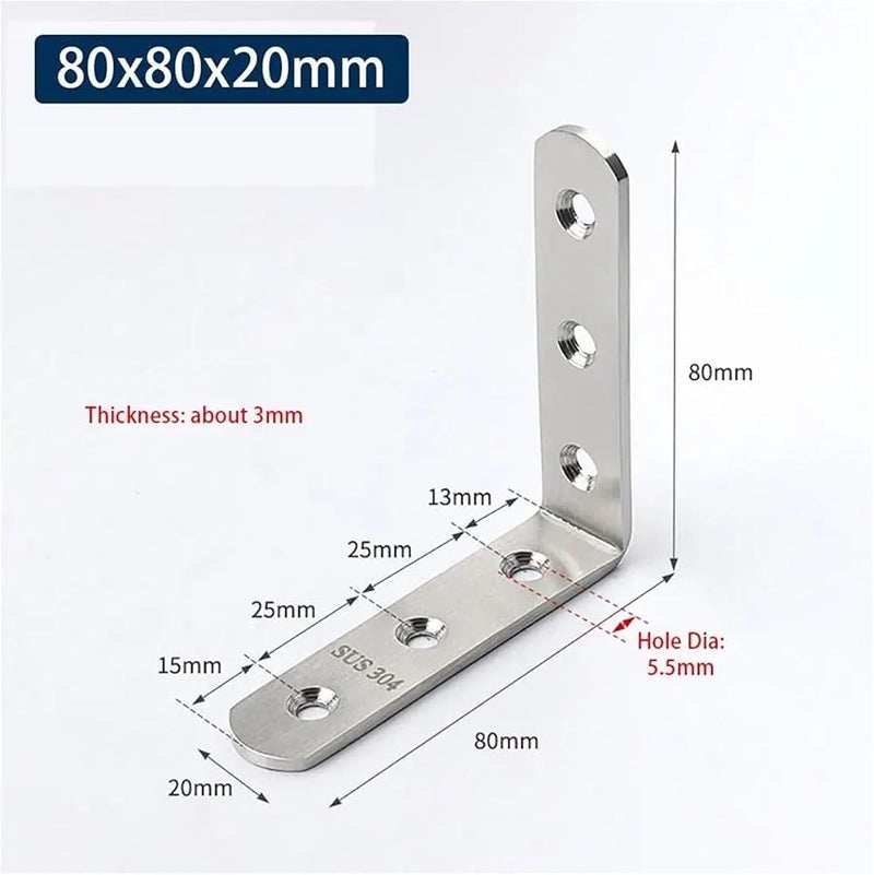Stainless Steel L Shape Corner Brace Joint 80x80x20mm Furniture Fastener Angle Bracket - Image 3