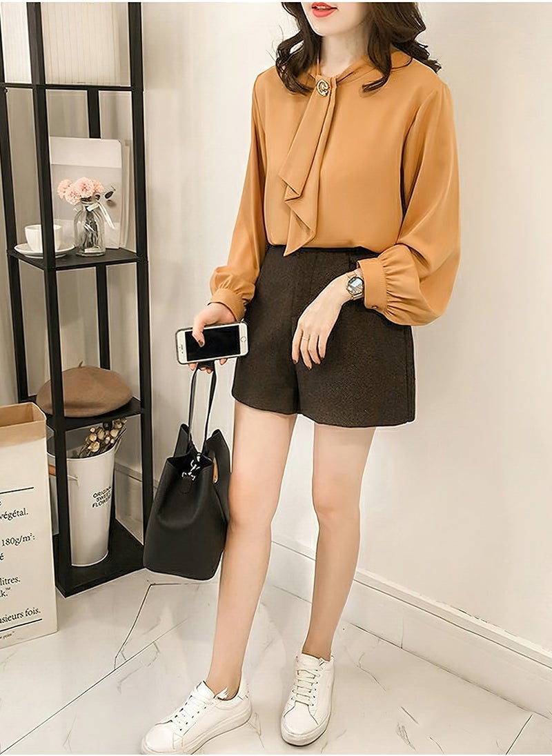 Women's Shirt, Comfortable Loose Long Lantern Sleeve Shirt, Elegant Smooth Chiffon Shirt, Solid Color, Casual Professional Formal Long Sleeve Top Shirt Blouse, Brown - pzsku/ZF32A54940A091482BBFFZ/45/_/1733300580/408df75b-c47c-4f68-9437-28d7204e992a