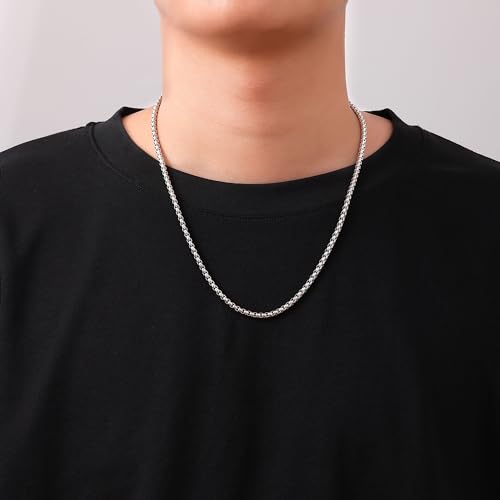 Fiusem Silver Tone Chain for Men, 4mm Stainless Steel Necklace for Men and Women, Box Chain 18 Inches - Image 2