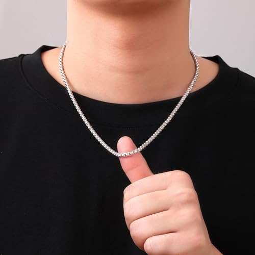 Fiusem Silver Tone Chain for Men, 4mm Stainless Steel Necklace for Men and Women, Box Chain 18 Inches - Image 3