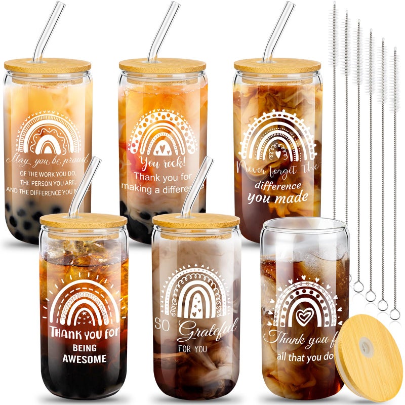 Purpeak Purpeak 6 Set Employees Appreciation Gifts CNA Appreciation Week Gifts Thank You Team Coworkers Staff 16oz Can Beer Glass Cup with Lids Straws BrushesClassic Rainbow 