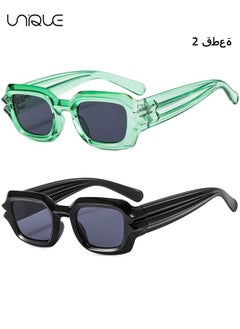 Unique 2PCS Sun Glasses, Retro Rectangle Sun Glasses Vintage Small Square Sun Glasses Protection Glasse, UV400 Protection Square Frame Eyewear, 90s Fashion Narrow Square Frame Set (Black+Green)  - Image 1