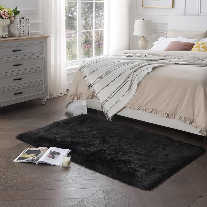 SERISSA Soft Fluffy Rug Coal Black Faux Sheepskin Fur Rug Shaggy Area Rug for Bedroom Floor Living Room 3x5 Feet - Image 2