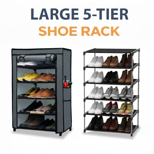 SANAMSTORE Open 5 Tier Metal Pipe with Non-Woven 100GSM Fabric Cover Shoe/Cloth/Toy/Books Rack-Grey - Image 4
