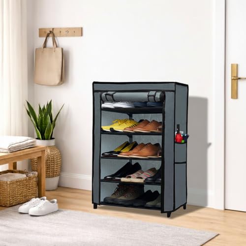 SANAMSTORE Open 5 Tier Metal Pipe with Non-Woven 100GSM Fabric Cover Shoe/Cloth/Toy/Books Rack-Grey - Image 1