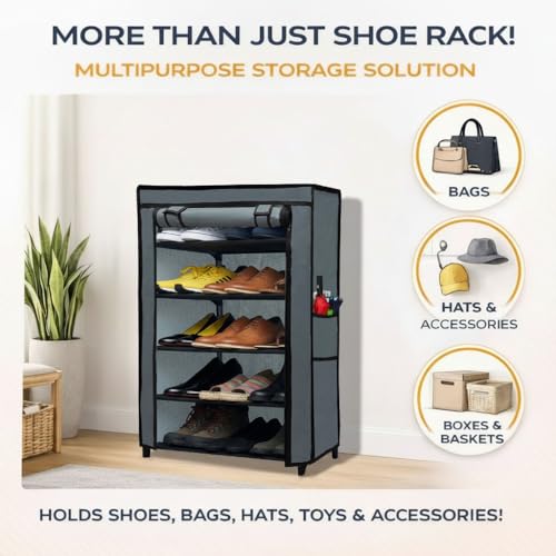 SANAMSTORE Open 5 Tier Metal Pipe with Non-Woven 100GSM Fabric Cover Shoe/Cloth/Toy/Books Rack-Grey - Image 2