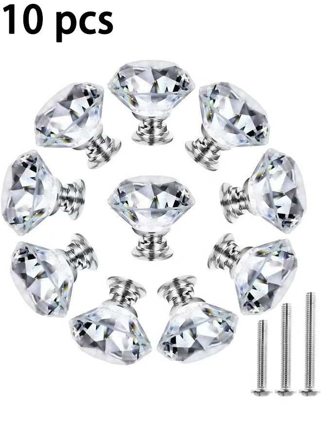 OMEVE Crystal Dresser Knobs for Cabinets and Drawers，Diamond Glass Pulls Handles 10 Pack Silver(30mm, Clear) - Image 1
