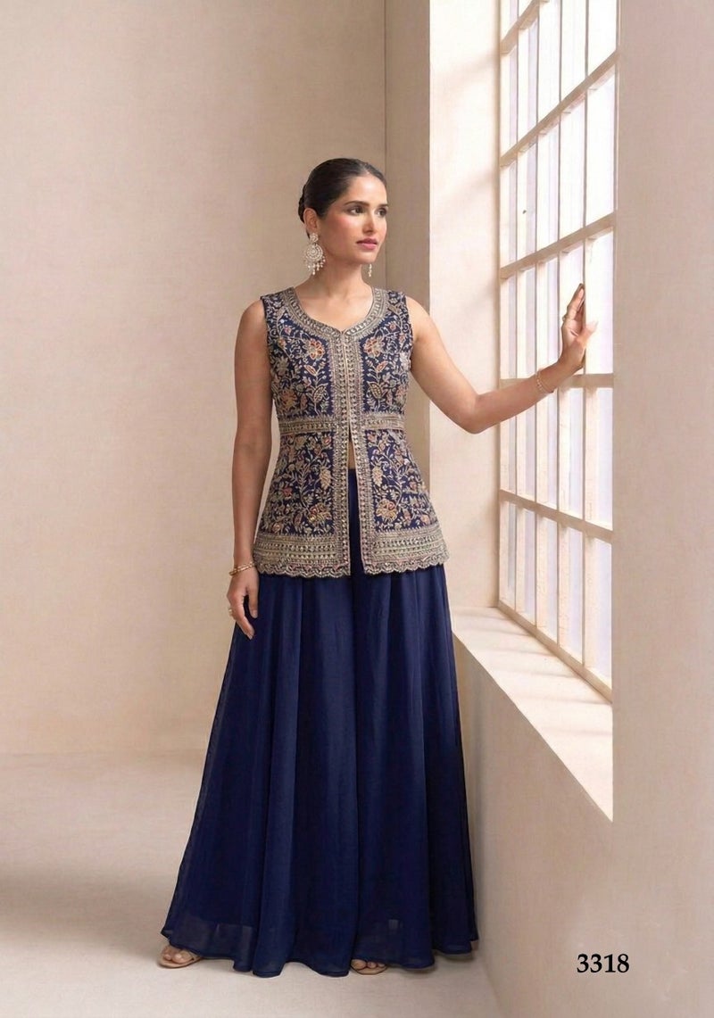 ANAITA Navy Georgette Stitched Plazzo Suit with Sequence Lakhnavi Embroidery work - Image 1
