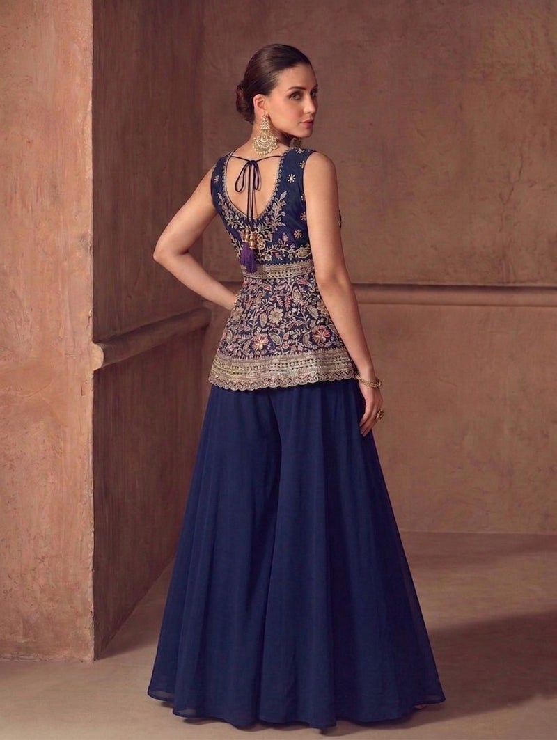 ANAITA Navy Georgette Stitched Plazzo Suit with Sequence Lakhnavi Embroidery work - Image 4