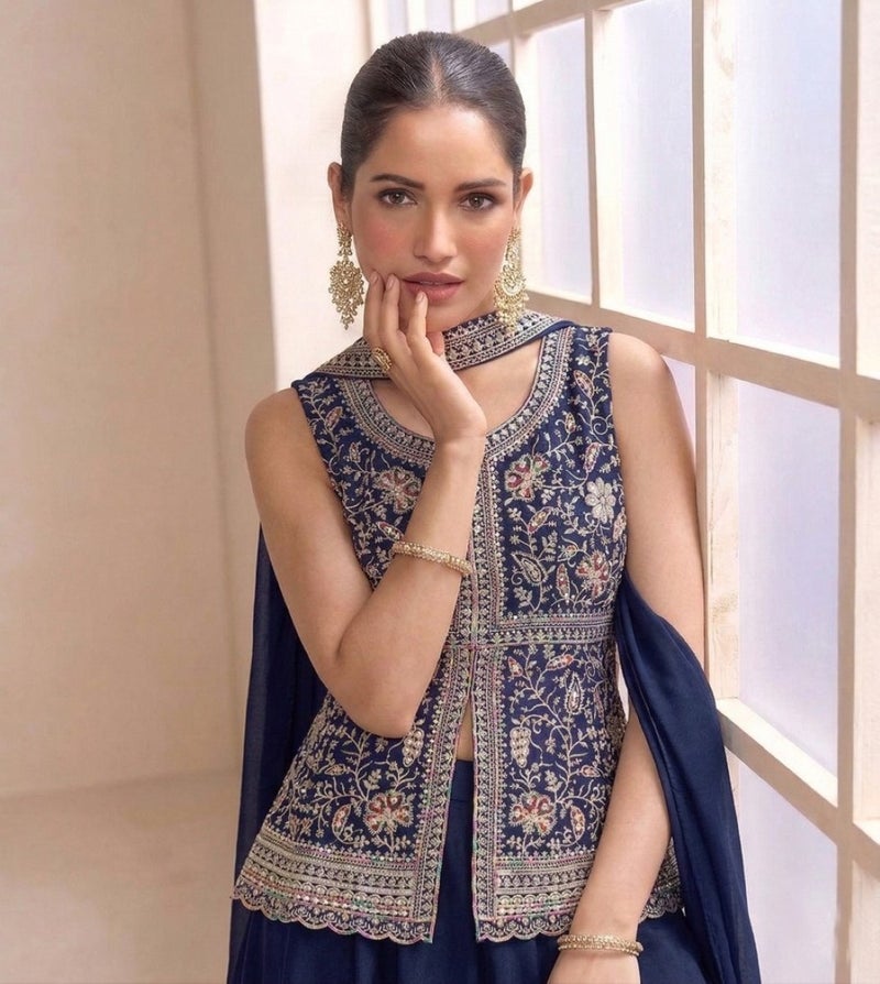 ANAITA Navy Georgette Stitched Plazzo Suit with Sequence Lakhnavi Embroidery work - Image 3