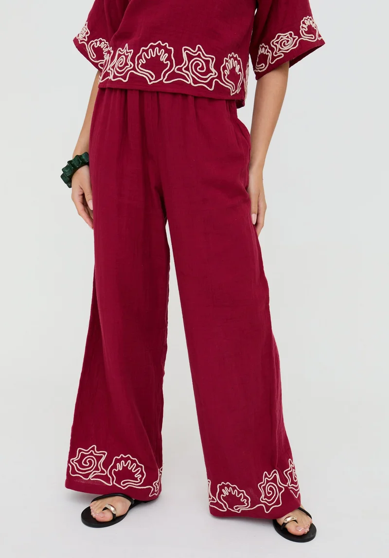 رافاي Milly Wide Leg Embroidered Trouser In Berry