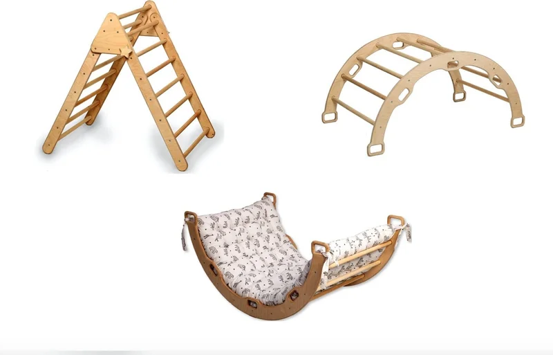 Kidoppo Pikler Climbing Set | Wooden Montessori Play Set and Activity Center | Triangle + Belt + Origami Pillow