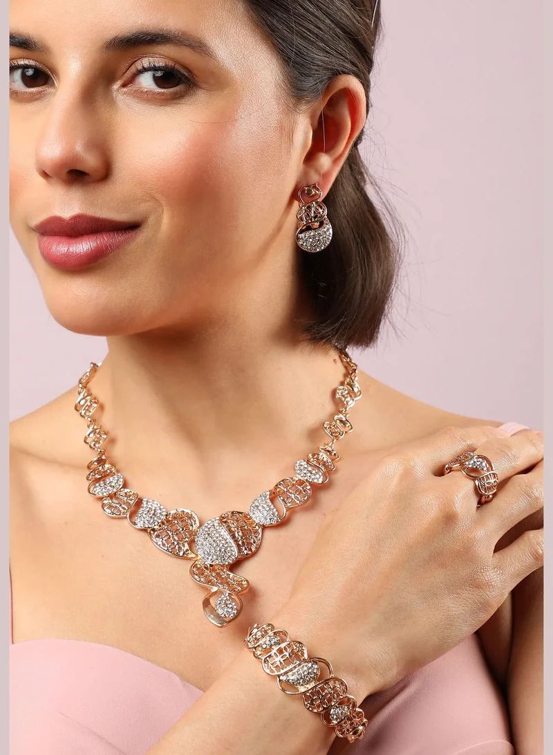 SOHI Gold Plated Designer Stone Necklace, Earring, Ring and Bracelet Set