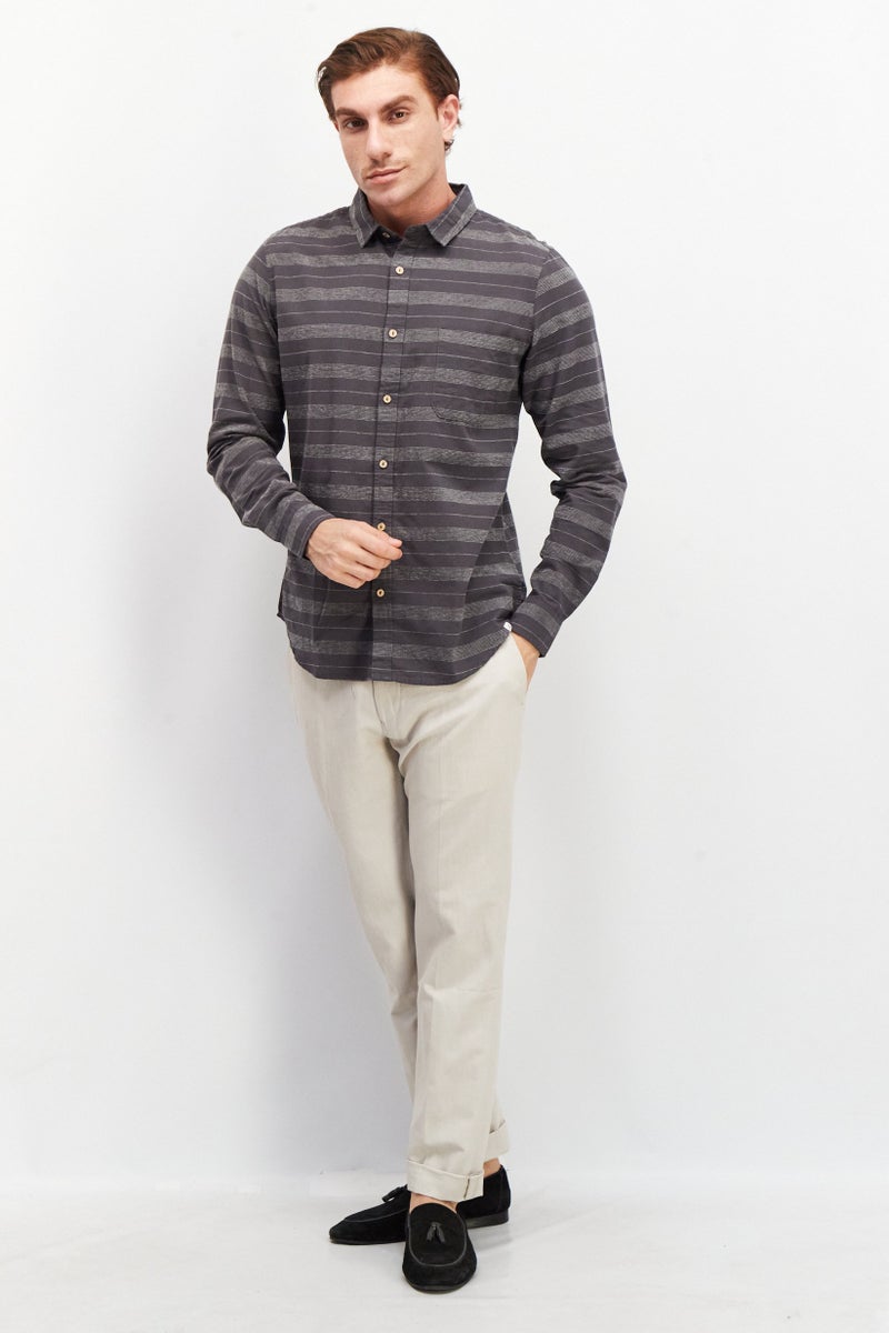 Sovereign Code قميص رجالي عادي بأكمام طويلة مخطط، رمادي/أبيض - Image 3