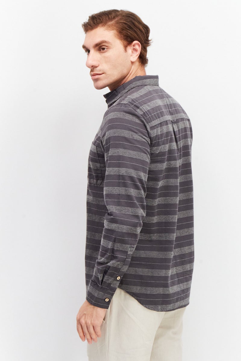 Sovereign Code قميص رجالي عادي بأكمام طويلة مخطط، رمادي/أبيض - Image 4