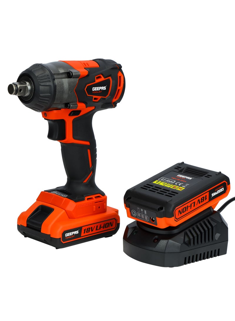 Geepas 18V 1/2" Drive Cordless Impact Wrench, GIW1820BLC-240, Cordless Impact Wrench with 2 Li Batteries, Fast Charging, BL Motor, Maximum Fastening Torque, 350 NM|LED Light, Red - Image 1