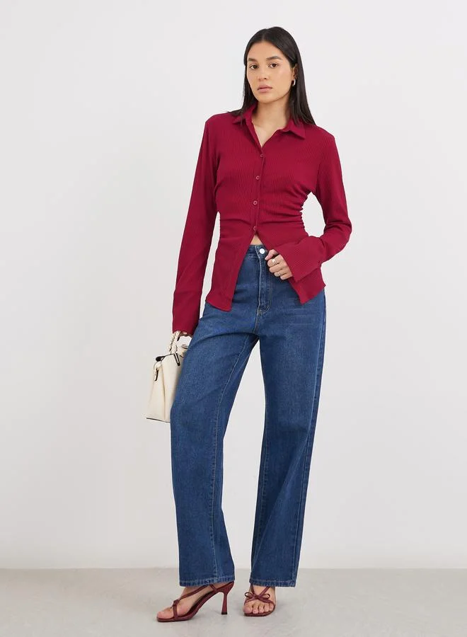 ستايلي Styli Women Burgundy Ribbed Fitted Longline Shirt
