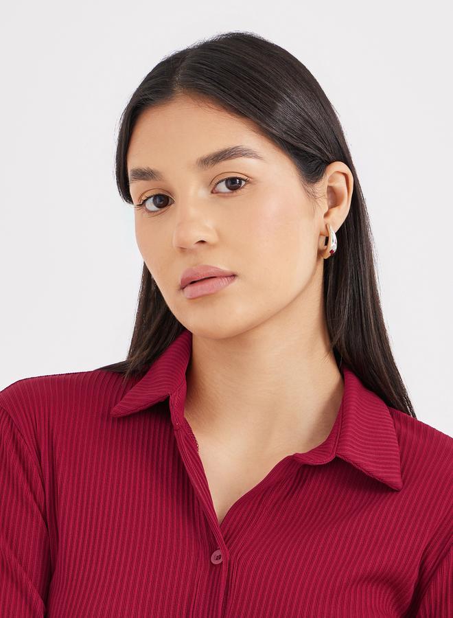 Styli Women Burgundy Ribbed Fitted Longline Shirt - Image 3
