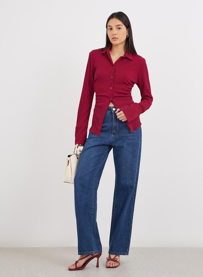 Styli Women Burgundy Ribbed Fitted Longline Shirt - Image 2