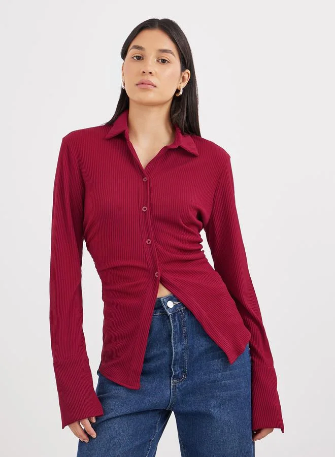 ستايلي قميص نسائي طويل ضيق مضلع بلون عنابي