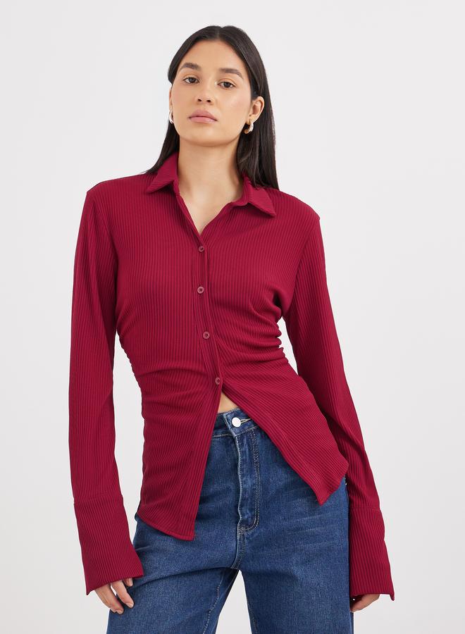 Styli Women Burgundy Ribbed Fitted Longline Shirt - Image 1
