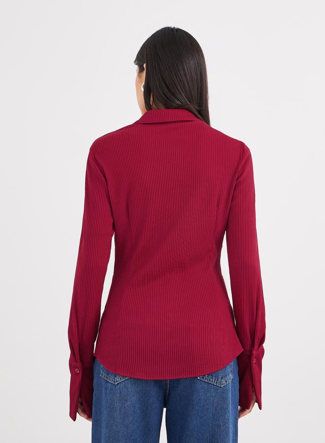 Styli Women Burgundy Ribbed Fitted Longline Shirt - Image 4
