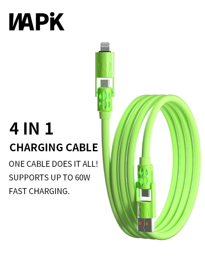 وابيك كابل شحن سريع 4 في 1 من علامة كورية، قوة 60 واط، USB-A و Type-C إلى Type-C / Lightning، سيليكون سائل، نقل بيانات 480Mbps، أخضر - Image 1