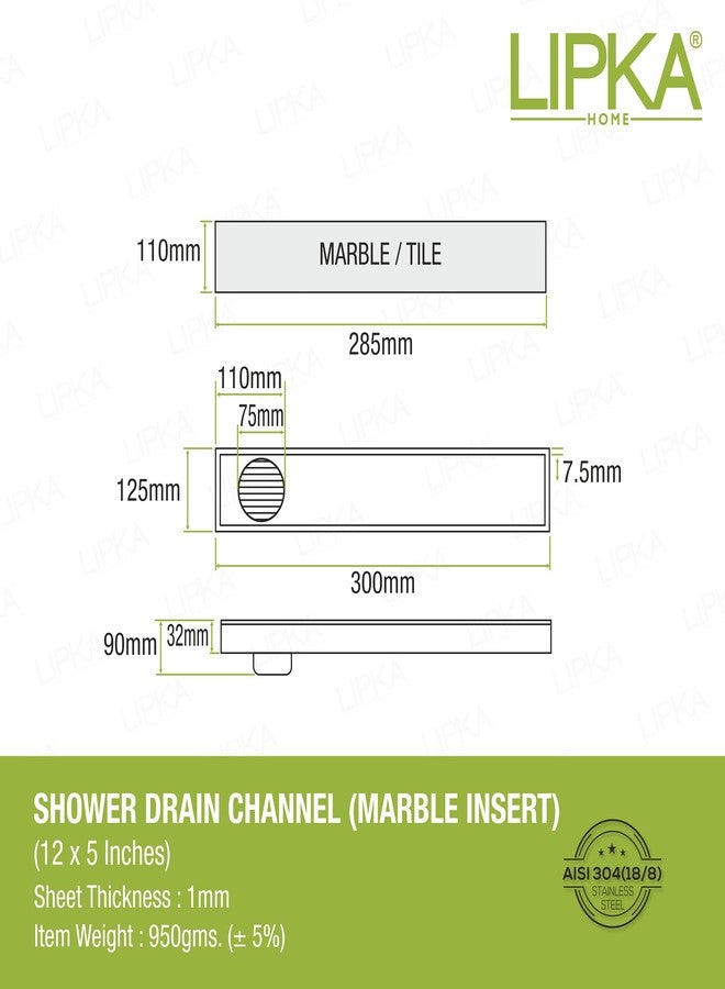 LIPKA Marble Insert Shower Drain Channel | 12 x 5 Inches| 304-Grade Stainless Steel Long Floor Drain for Bathrooms & Shower Areas | 21mm Marble Invisible Water Drainer with Side Hole & Cockroach Trap - Image 2