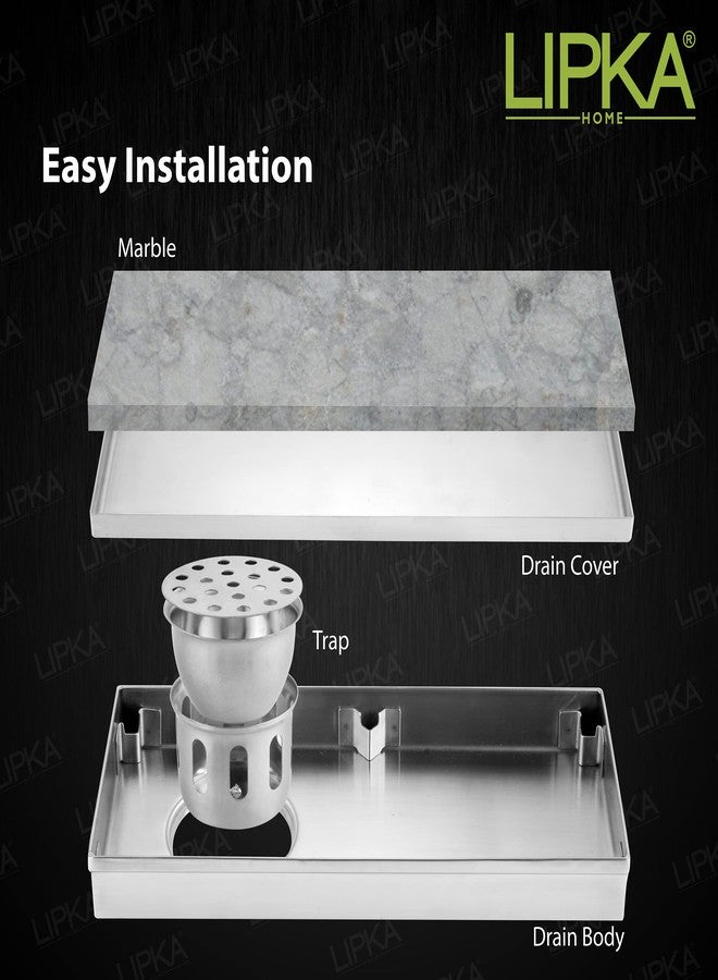 LIPKA Marble Insert Shower Drain Channel | 12 x 5 Inches| 304-Grade Stainless Steel Long Floor Drain for Bathrooms & Shower Areas | 21mm Marble Invisible Water Drainer with Side Hole & Cockroach Trap - Image 3