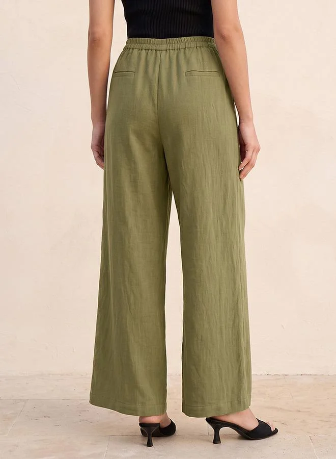 Iconic Green Iconic Straight Fit Elastic Waist Textured Pants for Women | Best Price UAE