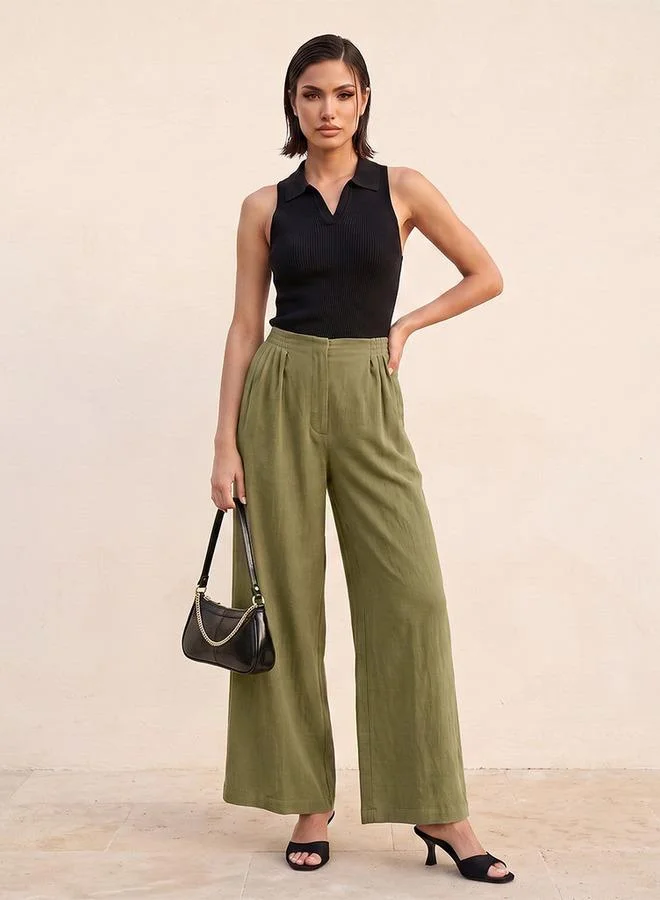 Iconic Green Iconic Straight Fit Elastic Waist Textured Pants for Women | Best Price UAE