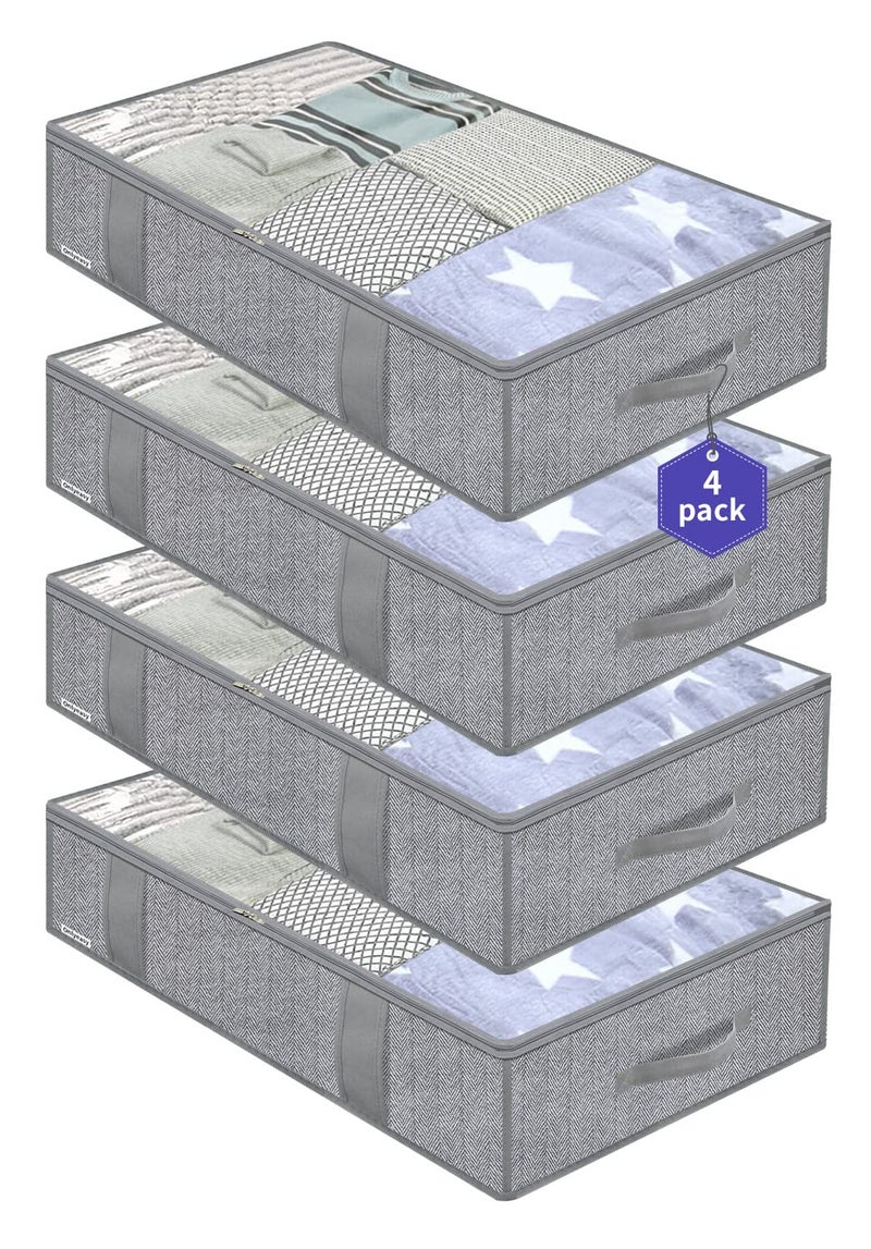 Onlyeasy Underbed Storage Bags Organizer, 4 Pack Large Capacity Under Bed Storage Containers with Reinforced Handles, Foldable Fabric Storage Bins with Clear Window, Herringbone Grey, 7MXRUBBP4 - Image 1