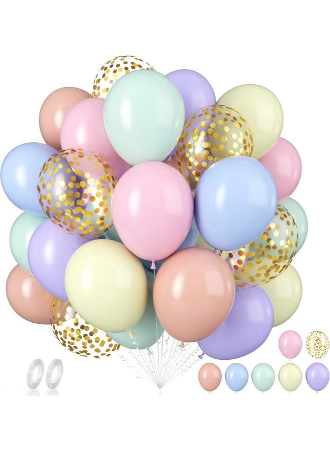 Biapian 60 PCS Pastel Latex Balloons - 12 Inch Macaron Pink Blue Purple Green Yellow Orange Color Balloon Gold Confetti for Birthday Baby Shower Wedding Rainbow Party Decorations - Image 1