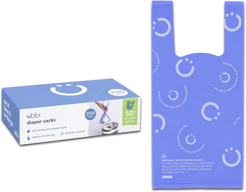 ubbi Disposable Diaper Sacks, Lavender Scented, Easy-To-Tie Tabs, Baby Diaper Disposal or Pet Waste Bags, 200 Count | Easy-To-Tie Tabs, Made from 50% Recycled Material, Disposable On-The-Go Bags, Diaper Bag and Travel Essential - Image 1