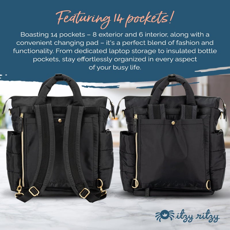 Itzy Ritzy Dream Convertible Diaper Bag Tote Backpack - Baby Diaper Bag with 14 Pockets, Changing Pad & More (Midnight Black) - Image 3