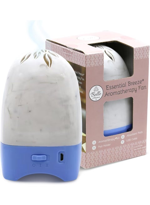 Essential Breeze Aromatherapy Fan Essential Oil Diffuser - Portable Heatless & Waterless Scent Diffuser, USB/Battery Operated, Time-Released Fragrance for Home, Car, Office - Marble Blue