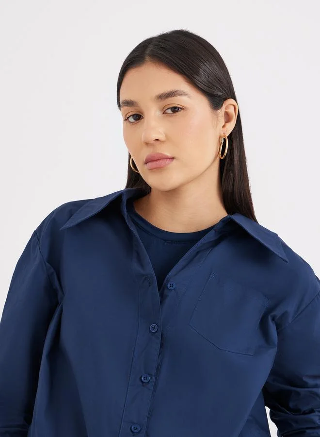 Styli Navy Blue Styli Women Navy Blue Plain Collared Shirt for Women | Best Price UAE