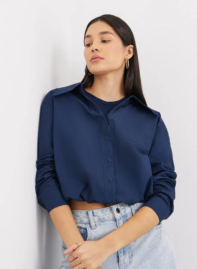 Styli Women Navy Blue Plain Collared Shirt