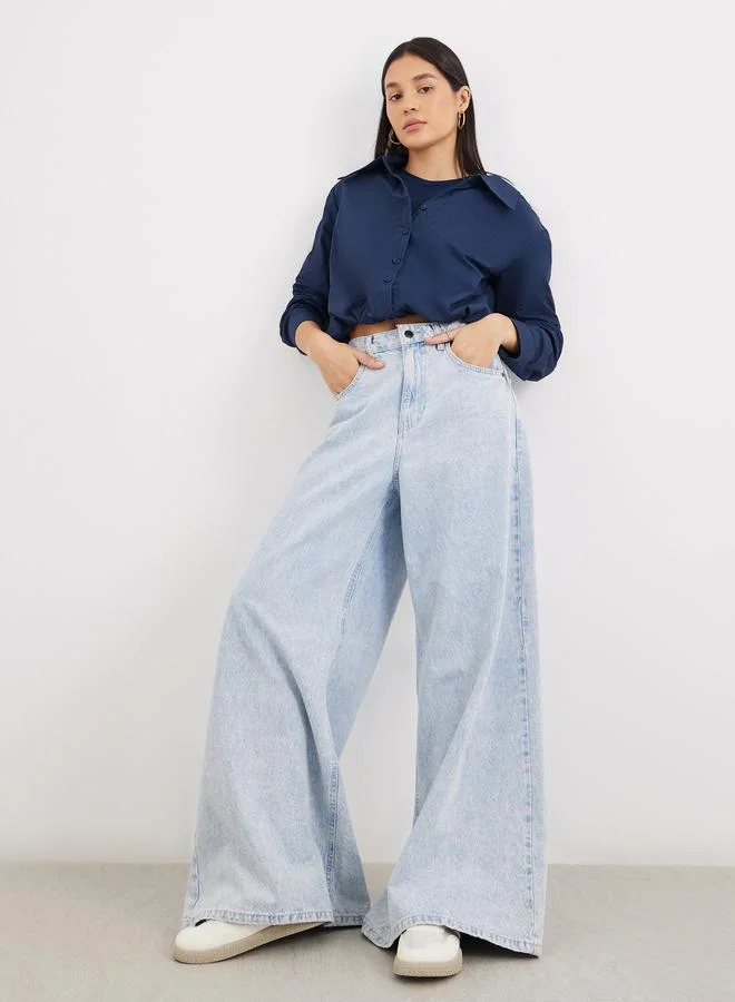 Styli Navy Blue Styli Women Navy Blue Plain Collared Shirt for Women | Best Price UAE