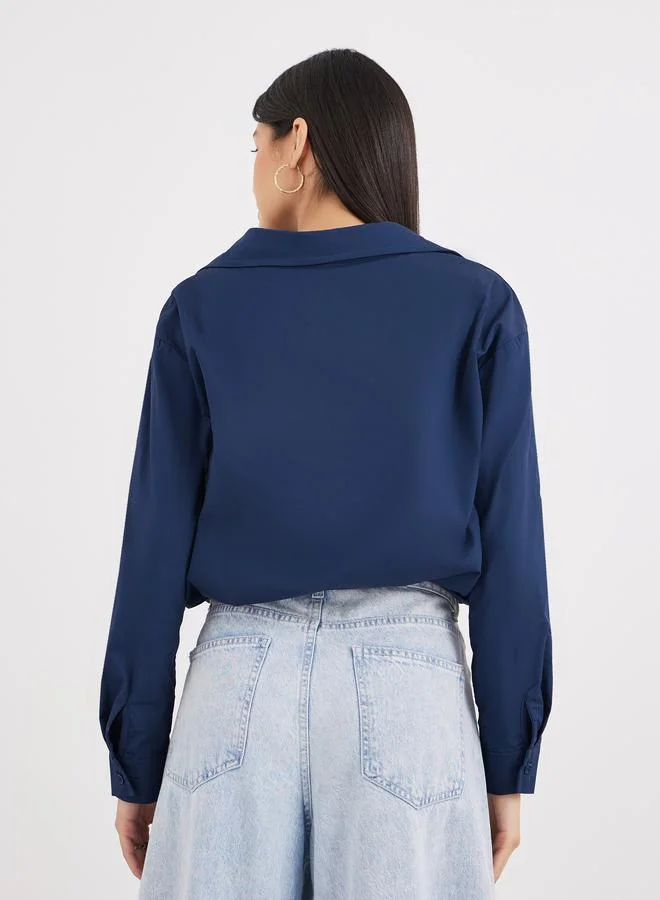 Styli Navy Blue Styli Women Navy Blue Plain Collared Shirt for Women | Best Price UAE