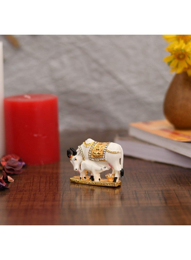 Collectible India Metal Kamadhenu Cow with Calf Idol, 2.5 x 2 x 1 Inches, White & Golden, Figures;People - Image 2