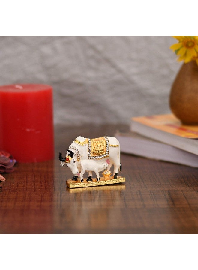 Collectible India Metal Kamadhenu Cow with Calf Idol, 2.5 x 2 x 1 Inches, White & Golden, Figures;People - Image 3