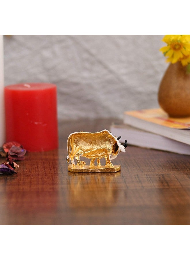 Collectible India Metal Kamadhenu Cow with Calf Idol, 2.5 x 2 x 1 Inches, White & Golden, Figures;People - Image 4