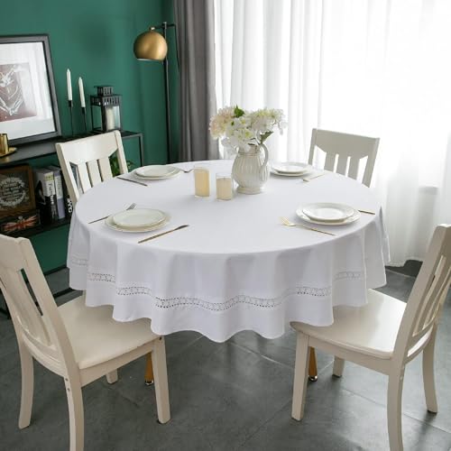 EHouseHome Heavy Duty Fabric Tablecloth with White LaceWaterproofWrinkle FreeStain ResistantOil Prooffor DiningIndoorOutdoorWeddingHolidayWhiteRound 60Inch - Image 3
