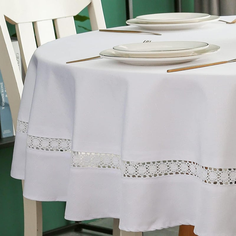 EHouseHome Heavy Duty Fabric Tablecloth with White LaceWaterproofWrinkle FreeStain ResistantOil Prooffor DiningIndoorOutdoorWeddingHolidayWhiteRound 60Inch - Image 2