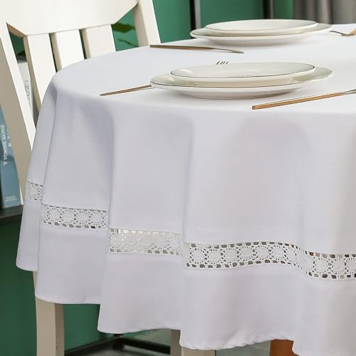 EHouseHome Heavy Duty Fabric Tablecloth with White LaceWaterproofWrinkle FreeStain ResistantOil Prooffor DiningIndoorOutdoorWeddingHolidayWhiteRound 60Inch - Image 1