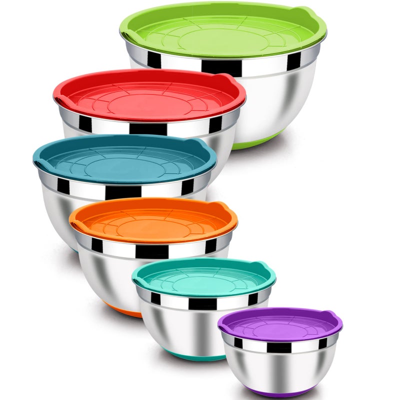 LIANYU Nesting Mixing Bowls Set of 6 with Airtight Lids, Size 7, 3.5, 2.5, 2, 1.5, 1QT, Large Stainless Steel Metal Bowls for Baking Cooking Food Storage, Non-slip Bottom, Colorful - Image 1