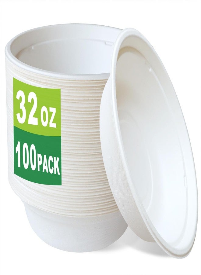 GreenWorks 100 Count 32 OZ Compostable Bowls, White Biodegradable Bagasse and Bamboo fiber Paper Bowls - Image 1